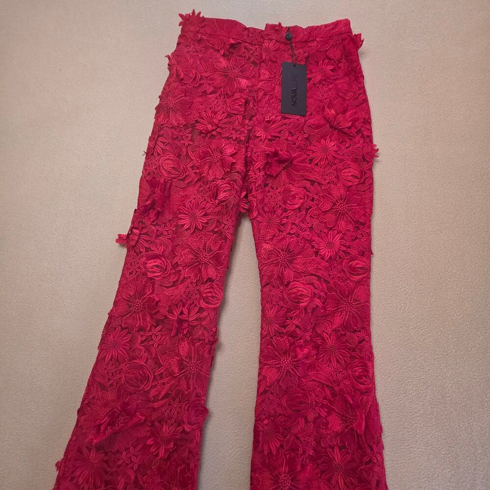 Fashion Nova NovaLuxe Denise Embroidered 3D Floral Lace Pants Red Sz Small